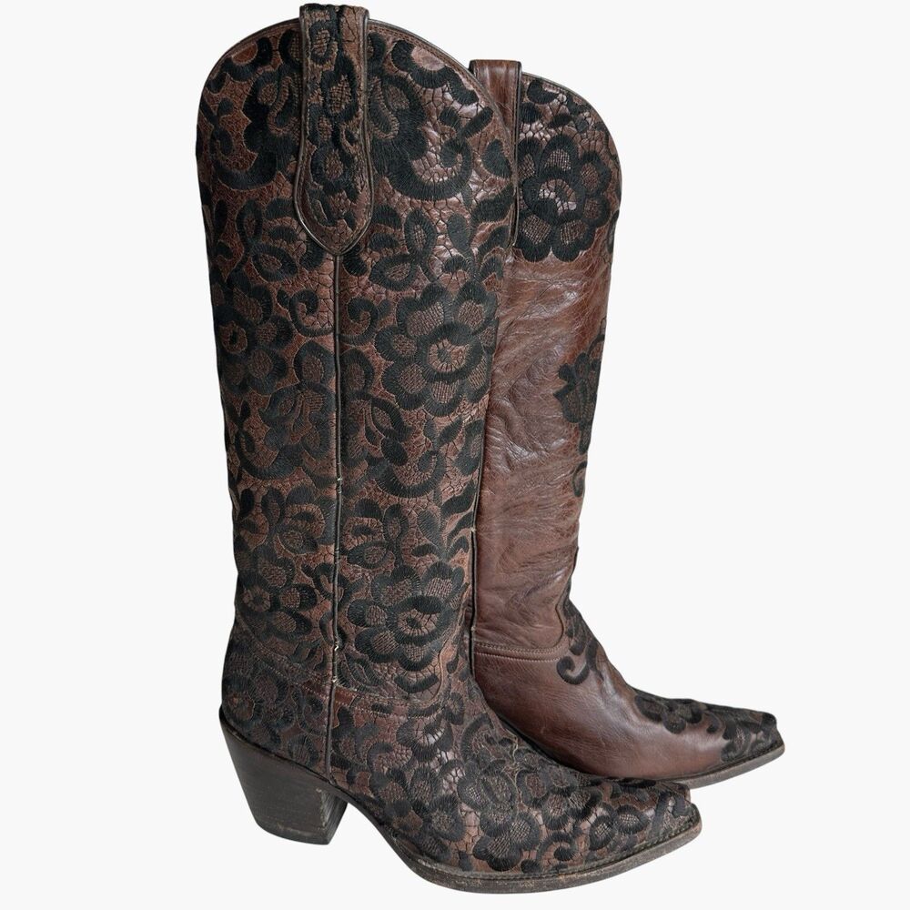 Corral Boots Sz 9 Leather Lace Embroidery Cowboy Boots Wedding Snip Toe